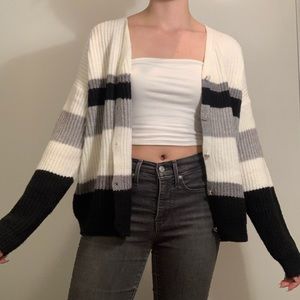 Very Soft Button-up Cream Black and Grey Striped Cardigan